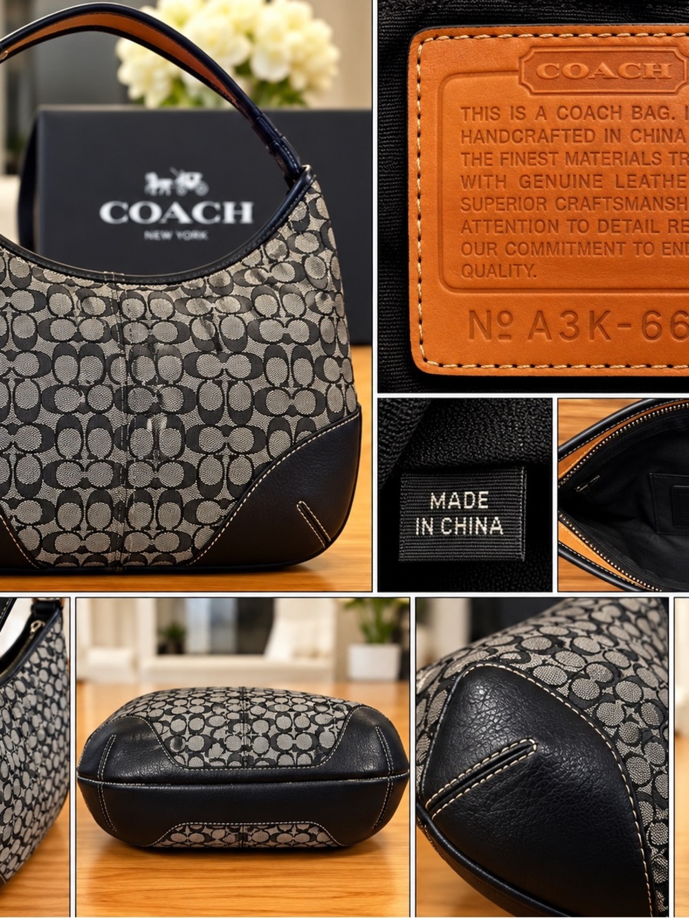 Vintage Coach Signature C Hobo Shoulder Bag Black Gray Jacquard Leather Trim